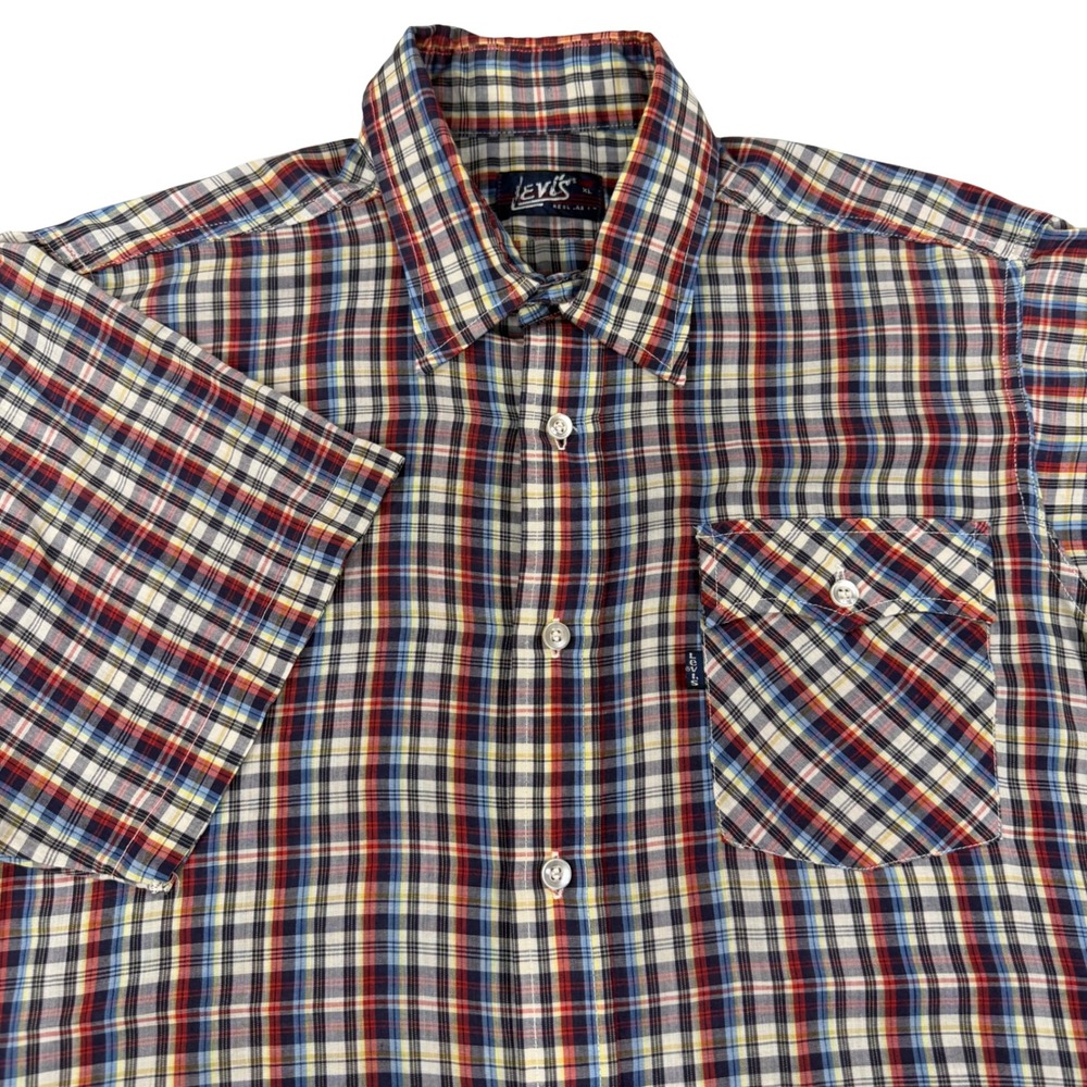 Levis Mens XL Short Sleeve Plaid Shirt Vintage Multicolor Regular Fit Pocket